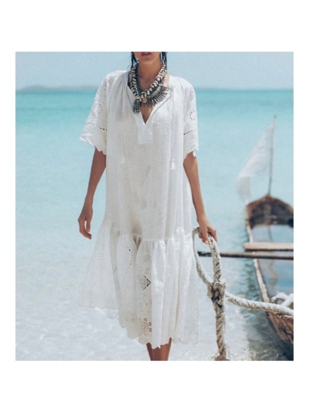 Spell NWT XS Linen Beach Dress with Embroidered Eyelet Details & Tassel